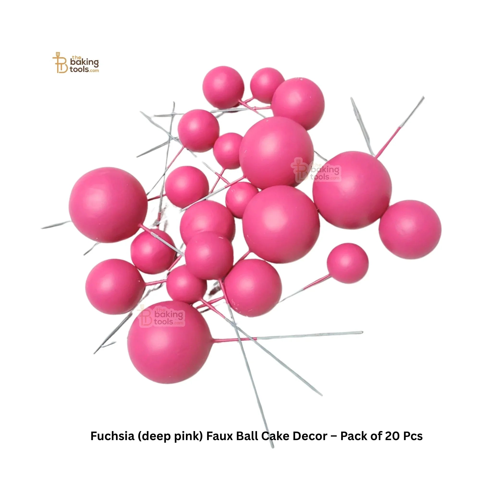 Fuchsia (deep pink) faux ball cake decor with 20 pieces on a white background