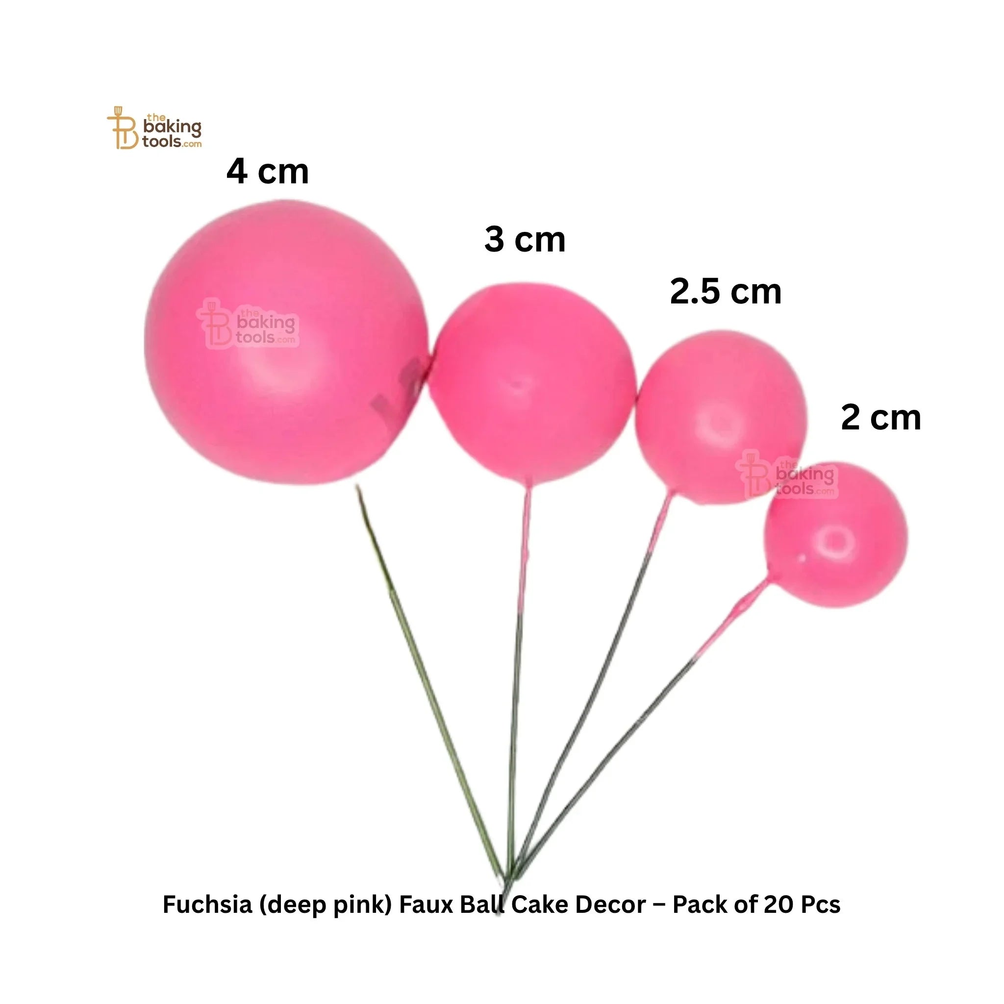 Fuchsia pink cake balloons with labeled sizes on a white background