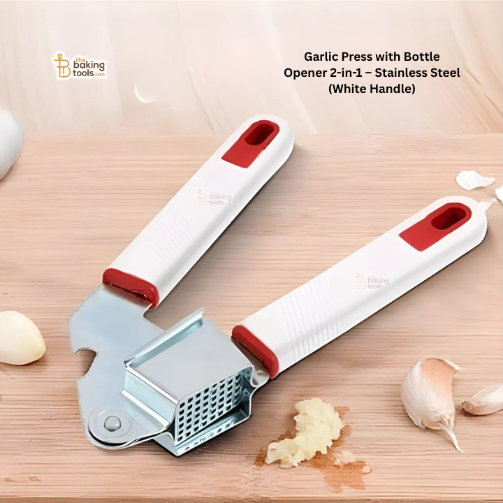 Garlic Press with Bottle Opener 2-in-1 – Stainless Steel (White Handle)