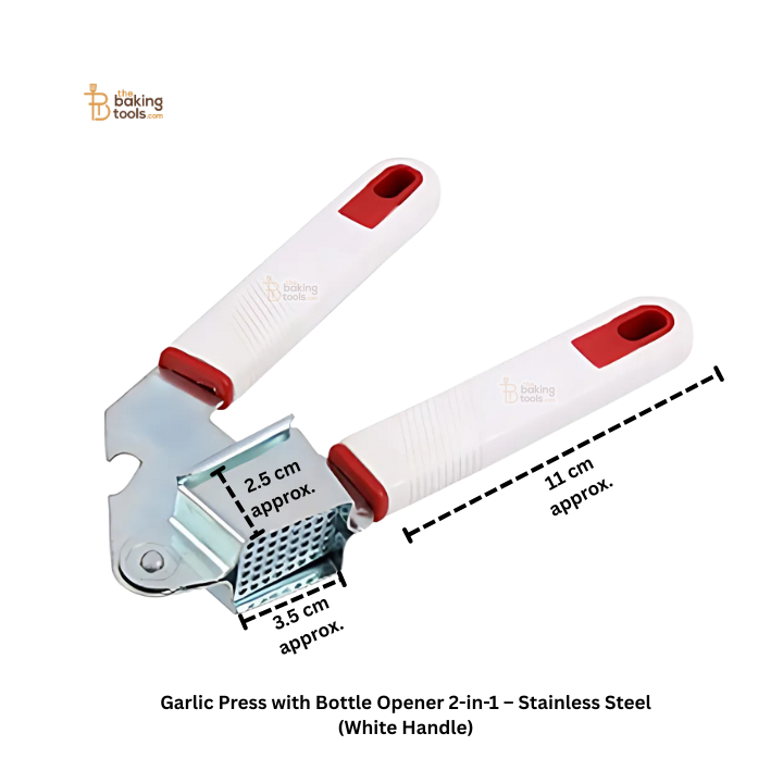 Garlic Press with Bottle Opener 2-in-1 – Stainless Steel (White Handle)