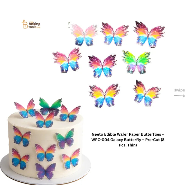 Colorful butterfly cake toppers on a white cake with 'Baking Tools' branding.