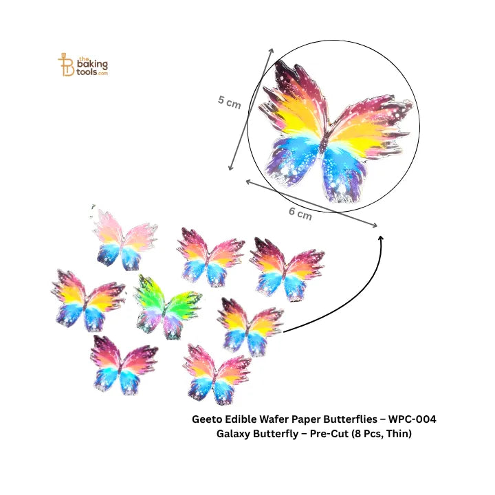 Colorful butterfly-shaped wafer paper with measurement details on a white background