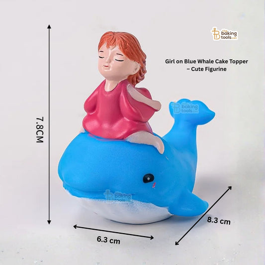 Girl on Blue Whale Cake Topper with dimensions on a white background with measurements 7.8 x 6.3 x 8.3 cm