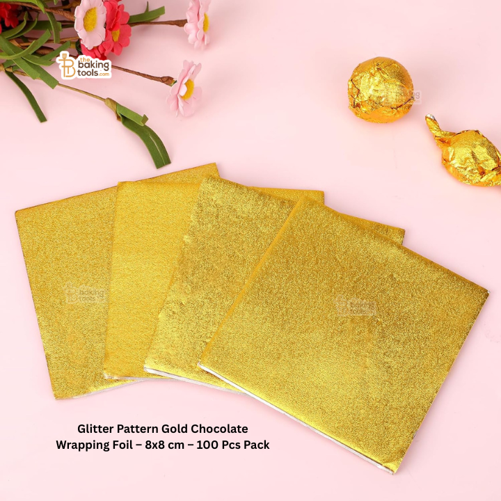Glitter Pattern Gold Chocolate Wrapping Foil – 8x8 cm – 100 Pcs Pack
