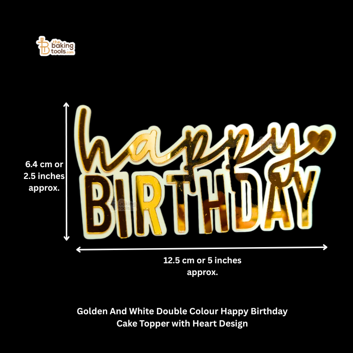 Golden And White Double Colour Happy Birthday Cake Topper with Heart Design