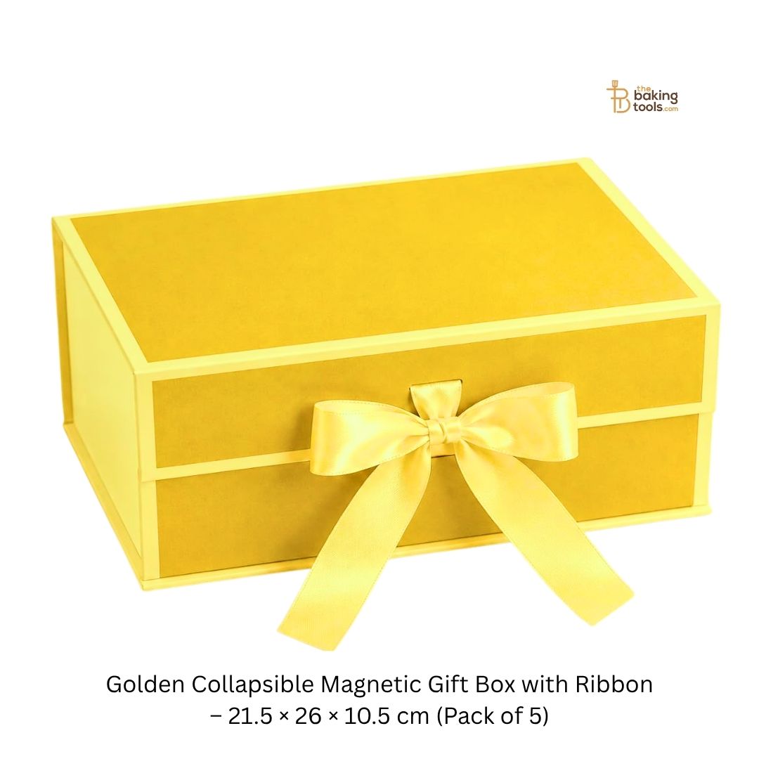Golden Collapsible Magnetic Gift Hamper Box with Ribbon – 21.5 × 26 × 10.5 cm (Pack of 5)