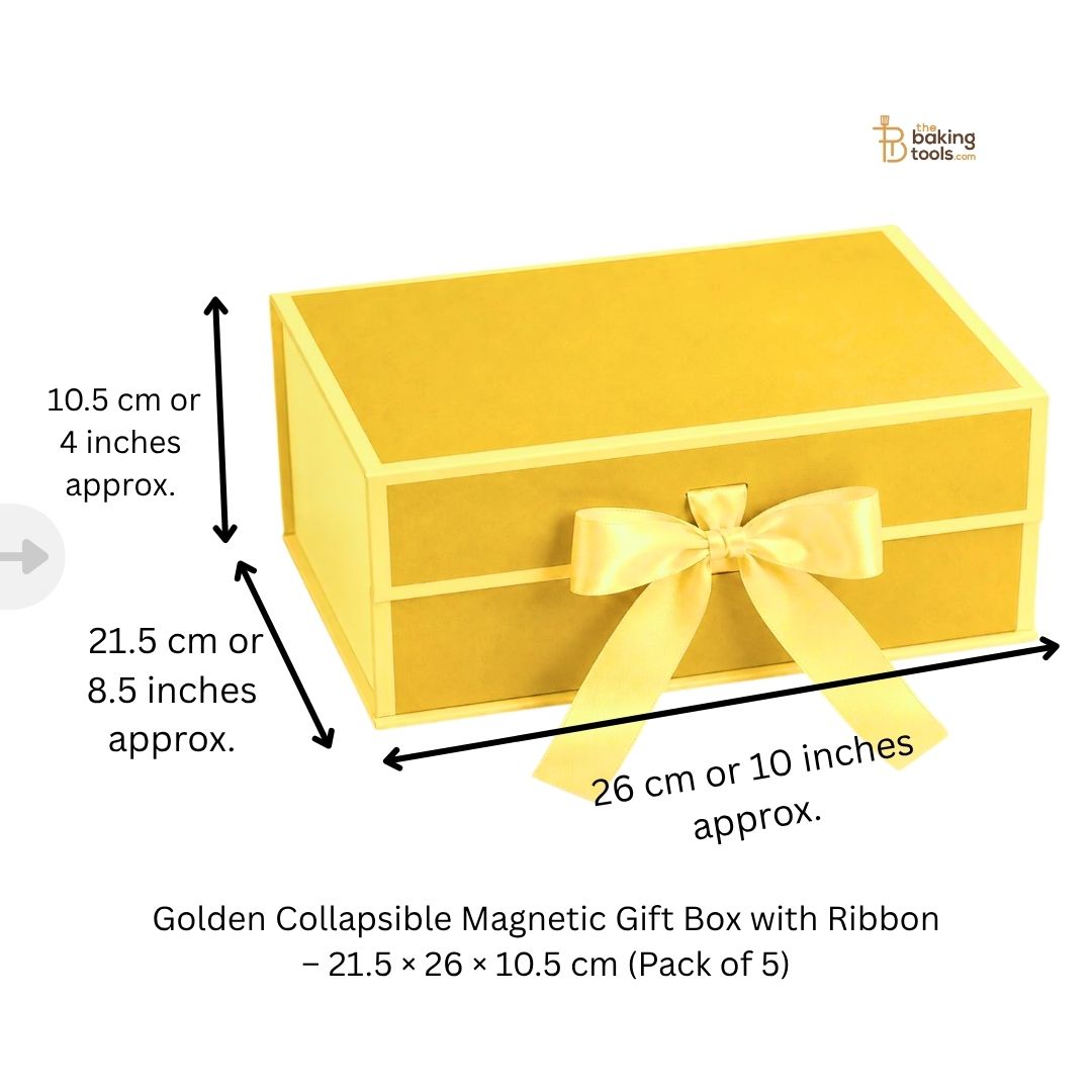 Golden Collapsible Magnetic Gift Hamper Box with Ribbon – 21.5 × 26 × 10.5 cm (Pack of 5)