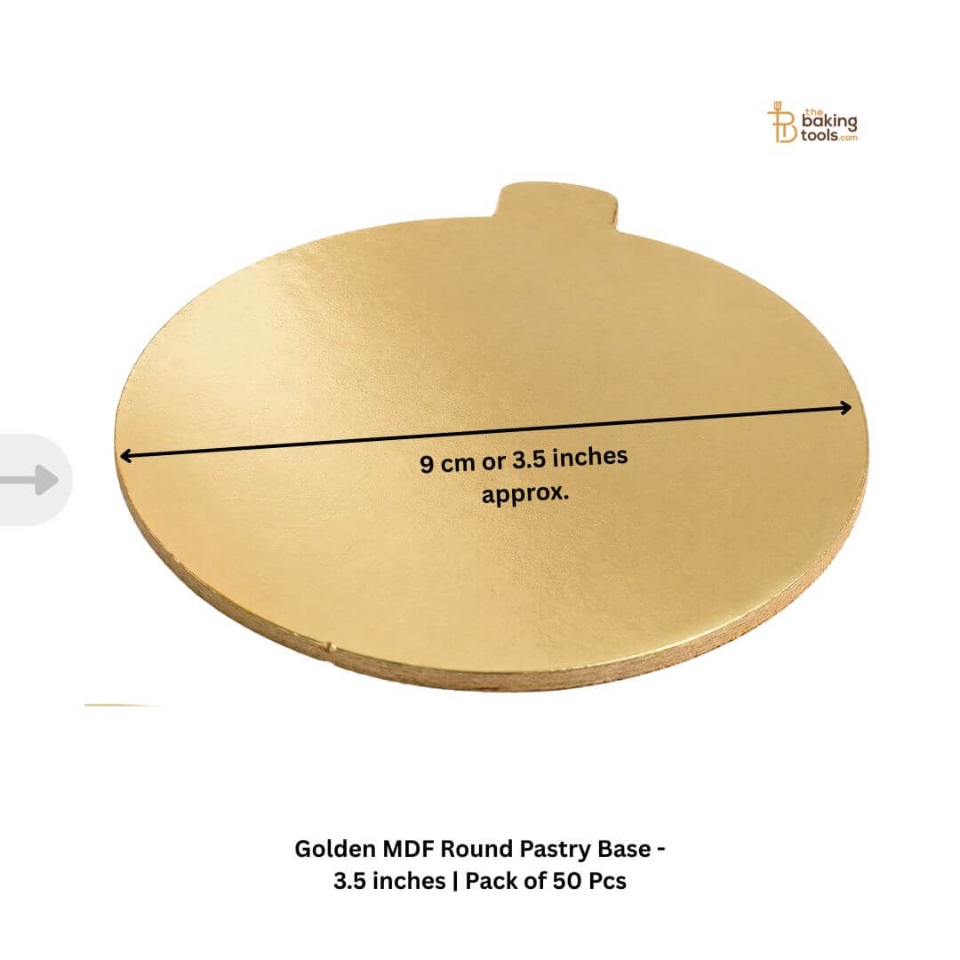 Golden MDF Round Pastry Base - 3.5 inches | Pack of 50 Pcs with dimensions