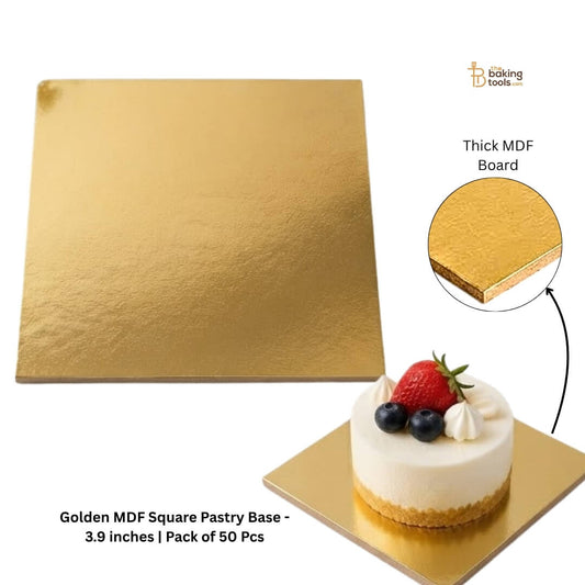 Golden MDF Square Pastry Base - 3.9 inches | Pack of 50 Pcs