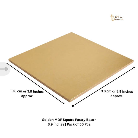 Golden MDF Square Pastry Base - 3.9 inches | Pack of 50 Pcs _ The Baking Tools