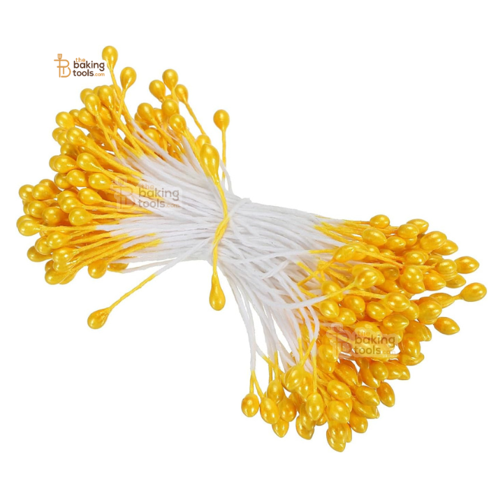 Golden Yellow - 150 Pcs Double Headed Pearlized Artificial Flower Stamens Pollens – 5.5cm for Sugar Flowers, Cake Decoration & Craft Making