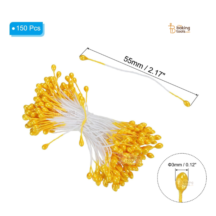 Golden Yellow - 150 Pcs Double Headed Pearlized Artificial Flower Stamens Pollens – 5.5cm for Sugar Flowers, Cake Decoration & Craft Making