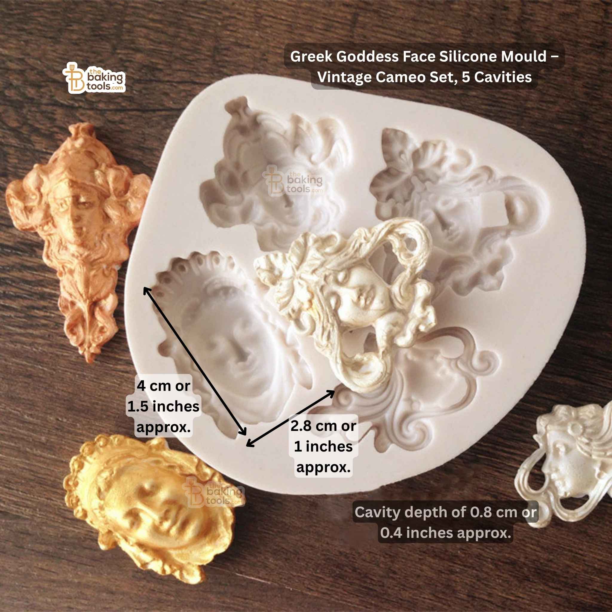 Greek Goddess Face Silicone Mould – Vintage Cameo Set, 5 Cavities with dimensions