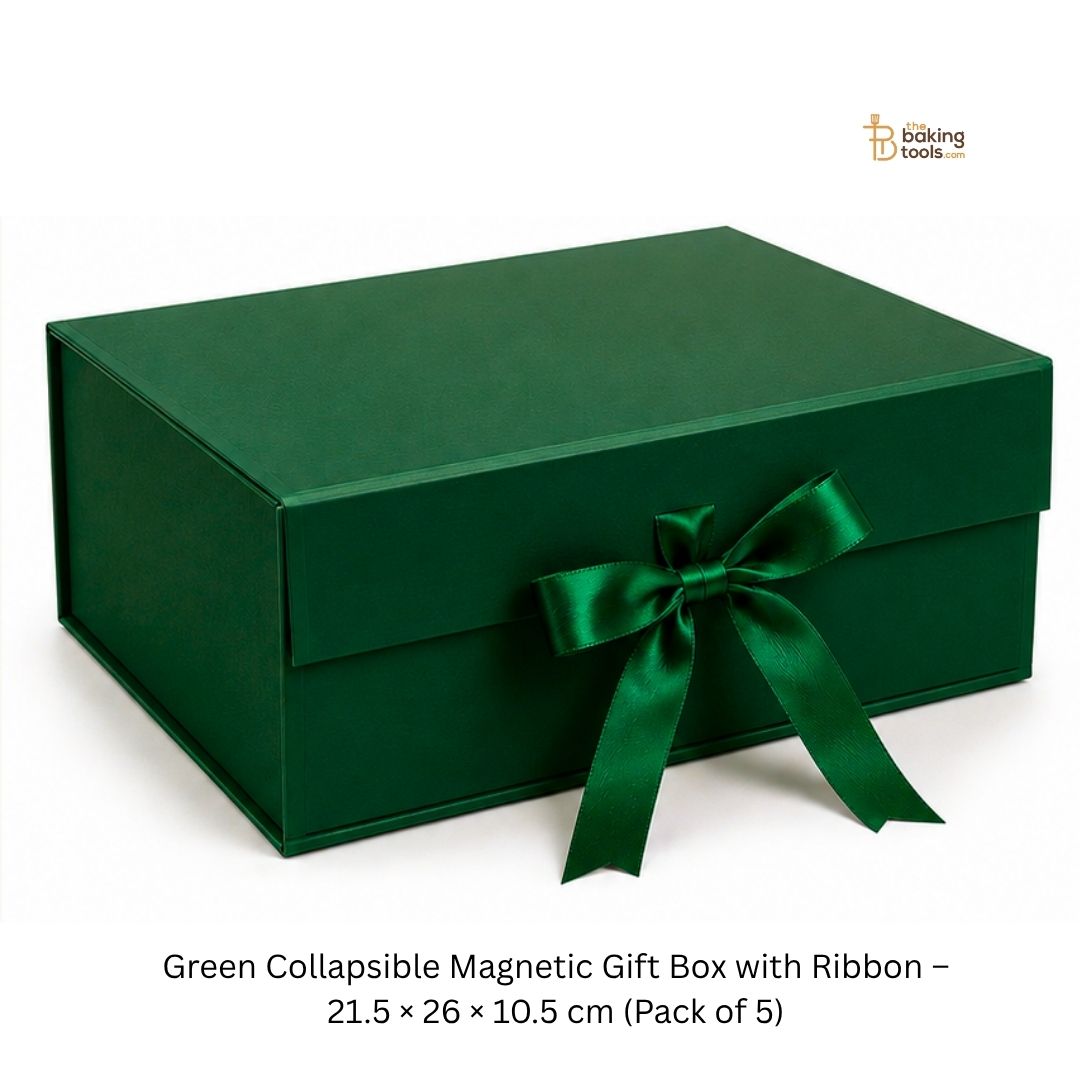 Green Collapsible Magnetic Gift Hamper Box with Ribbon – 21.5 × 26 × 10.5 cm (Pack of 5)
