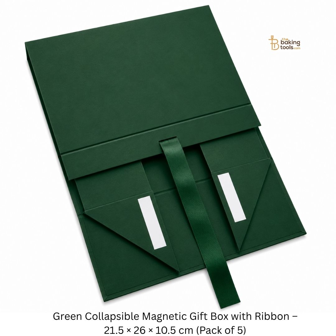 Green Collapsible Magnetic Gift Hamper Box with Ribbon – 21.5 × 26 × 10.5 cm (Pack of 5)