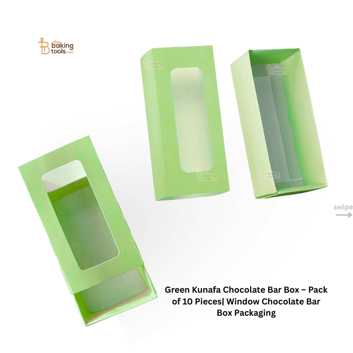 Green Kunafa chocolate bar boxes with clear window on a white background