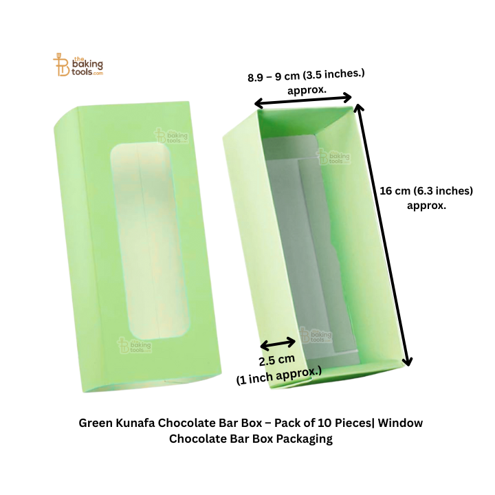 Green Kunafa chocolate bar box packaging with dimensions and product details.