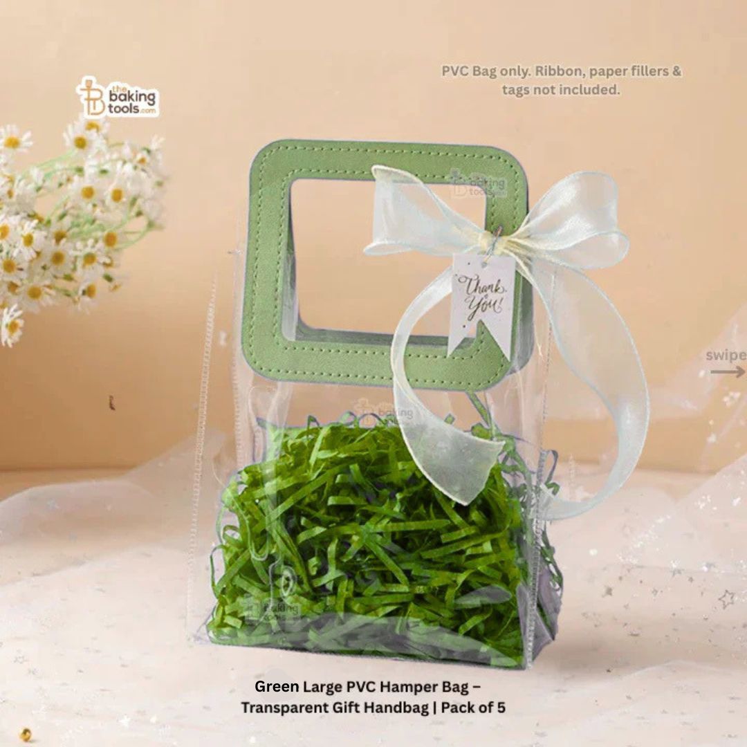 Green Large PVC Hamper Bag – Transparent Gift Handbag | Pack of 5