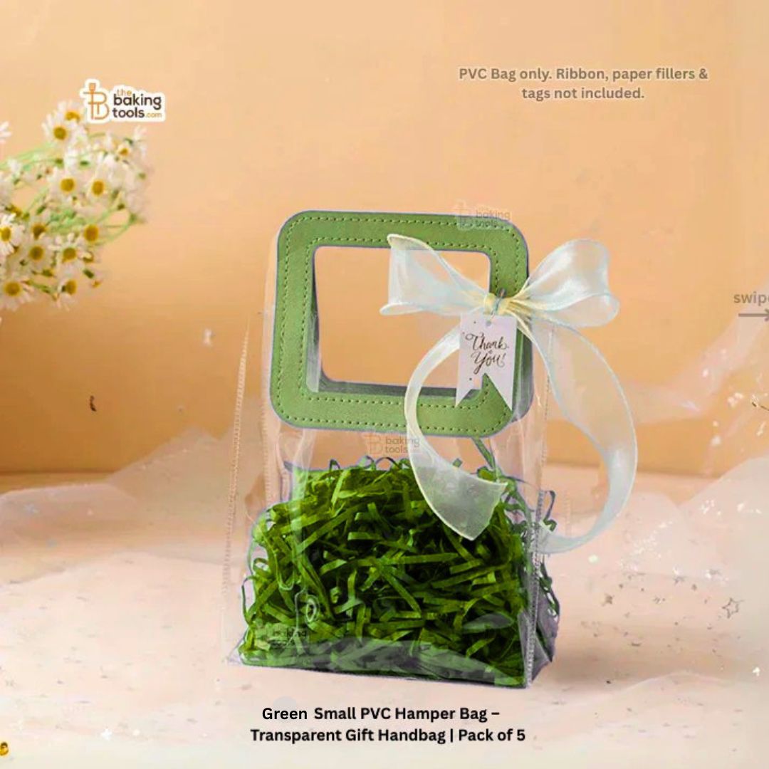 Green Small PVC Hamper Bag – Transparent Gift Handbag | Pack of 5