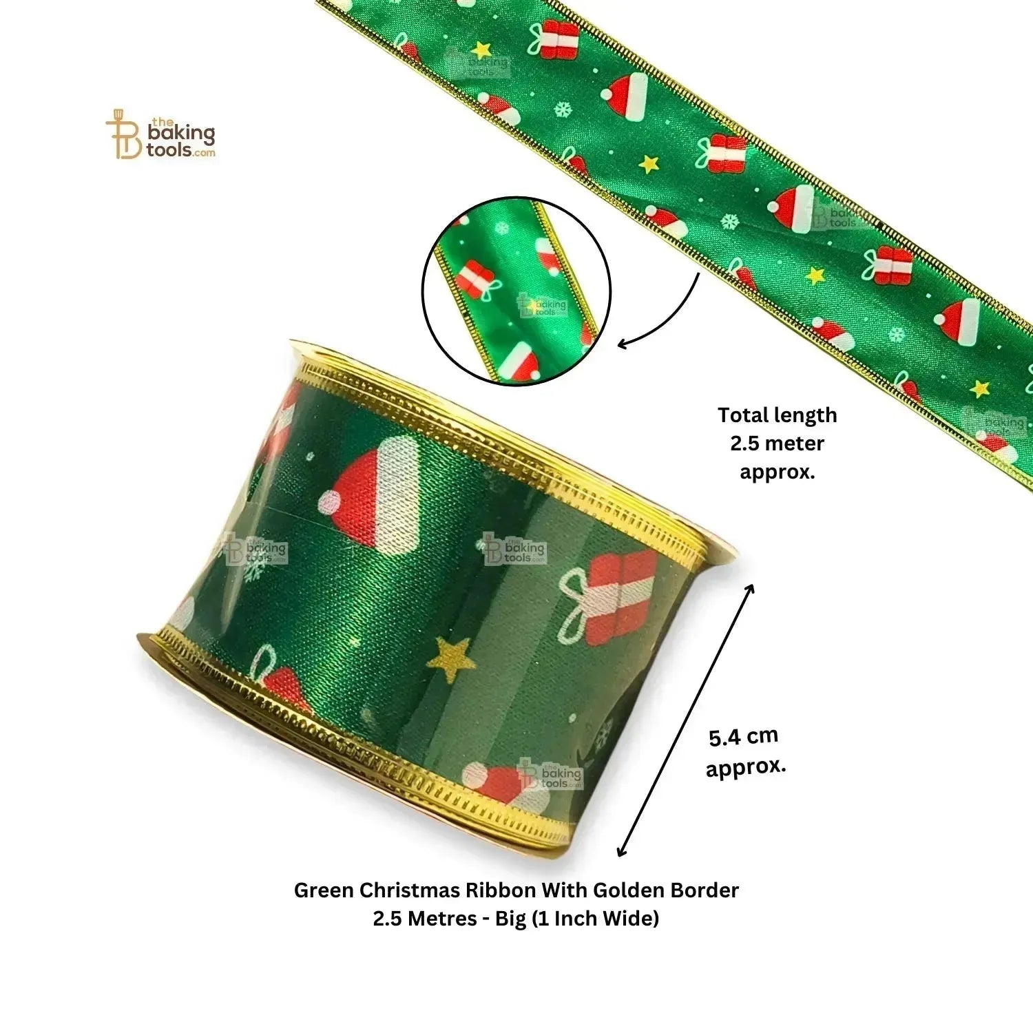 Green Christmas Ribbon With Golden Border 2.5 Metres - Big (2 Inch Wide) - thebakingtools.com