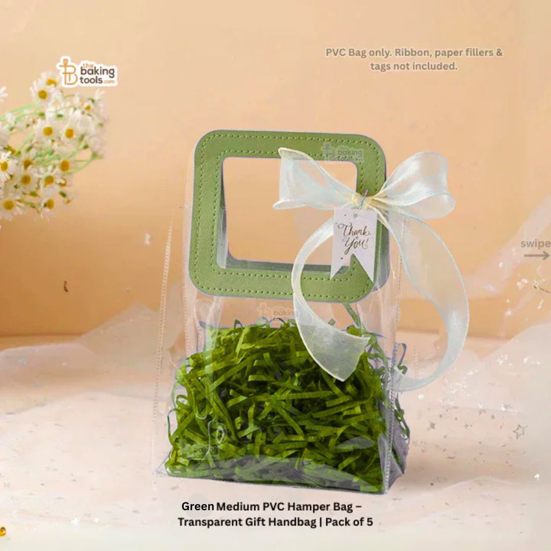 Green Medium PVC Hamper Bag – Transparent Gift Handbag | Pack of 5