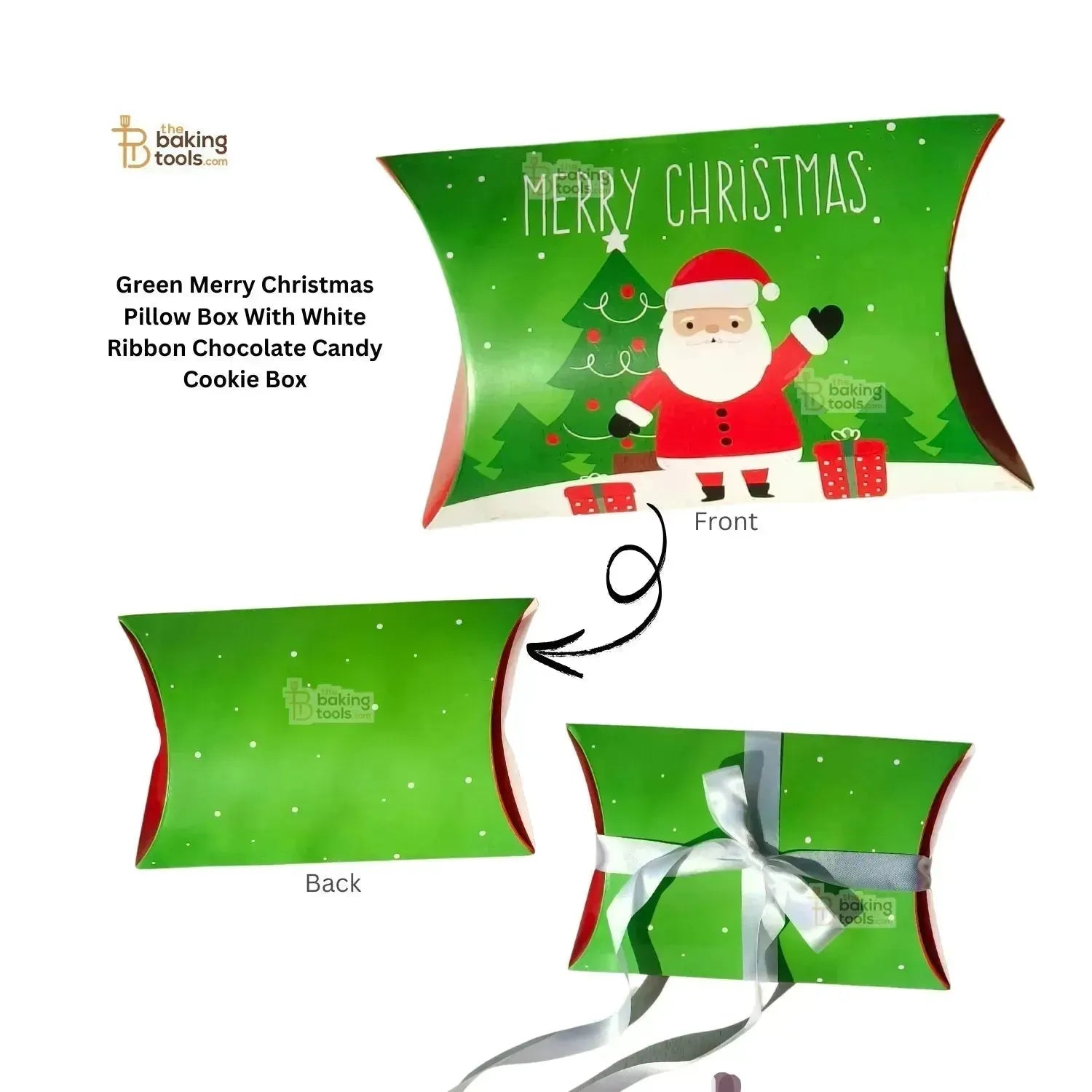 Green Merry Christmas Pillow Box With White Ribbon Chocolate Candy Cookie Box - Pack Of 10 Pcs - thebakingtools.com