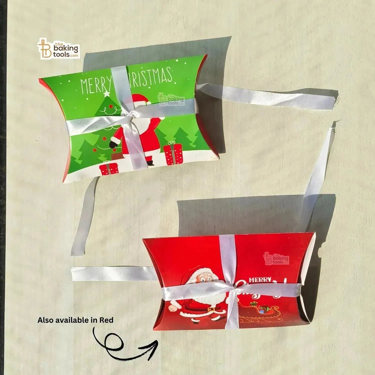 Green Merry Christmas Pillow Box With White Ribbon Chocolate Candy Cookie Box - Pack Of 10 Pcs - thebakingtools.com