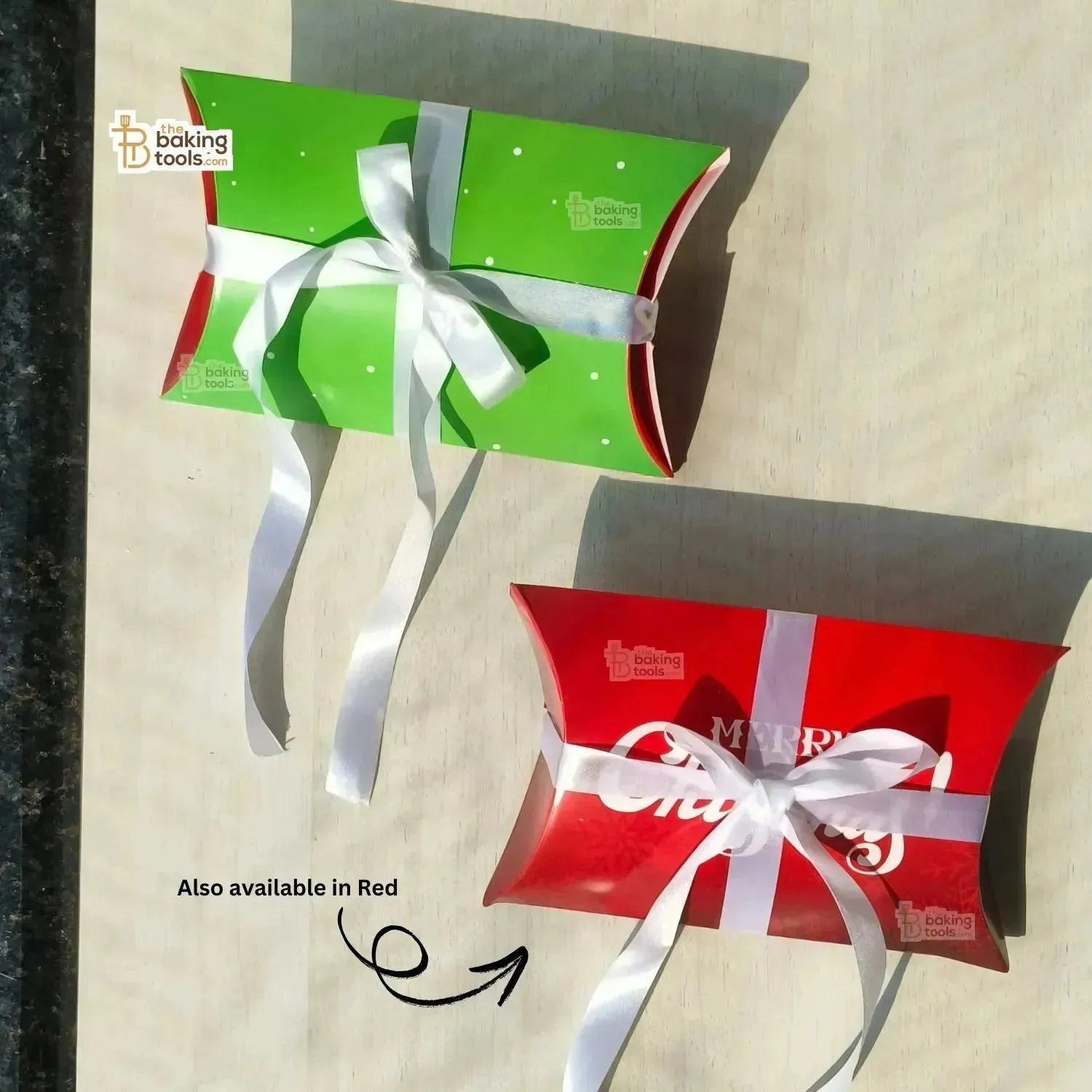 Green Merry Christmas Pillow Box With White Ribbon Chocolate Candy Cookie Box - Pack Of 10 Pcs - thebakingtools.com