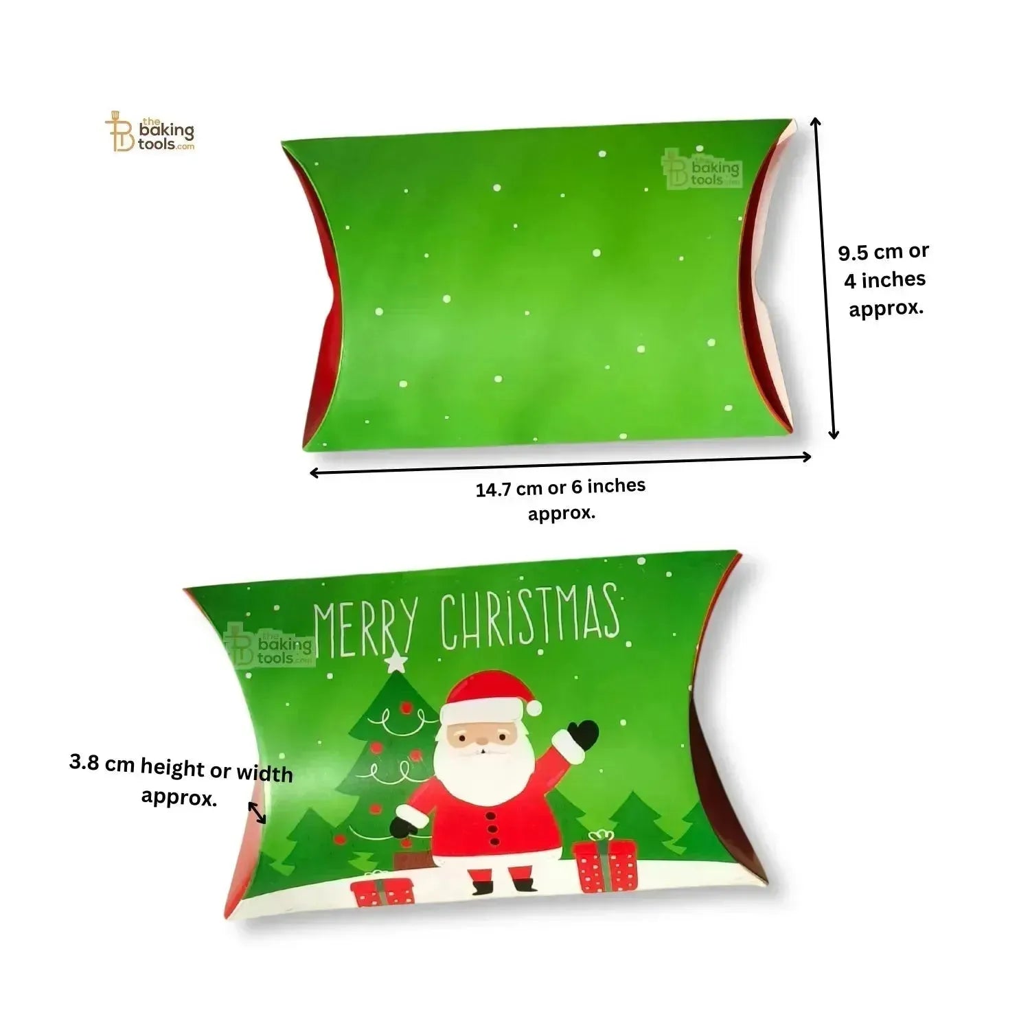 Green Merry Christmas Pillow Box With White Ribbon Chocolate Candy Cookie Box - Pack Of 10 Pcs - thebakingtools.com