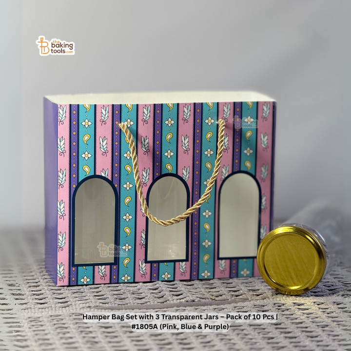 Hamper Bag Set with 3 Transparent Jars – Pack of 10 Pcs | #1805A (Pink, Blue & Purple)