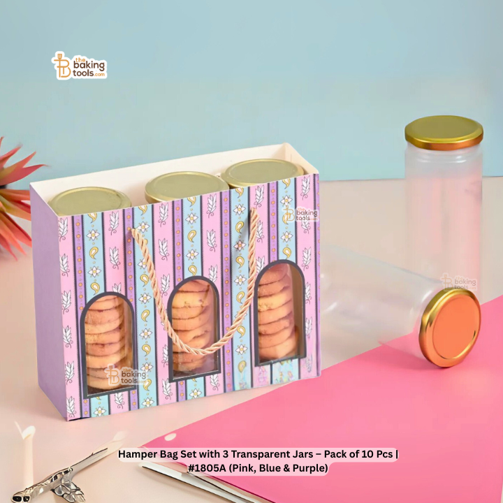 Hamper Bag Set with 3 Transparent Jars – Pack of 10 Pcs | #1805A (Pink, Blue & Purple)