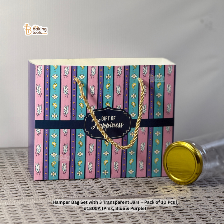 Hamper Bag Set with 3 Transparent Jars – Pack of 10 Pcs | #1805A (Pink, Blue & Purple)
