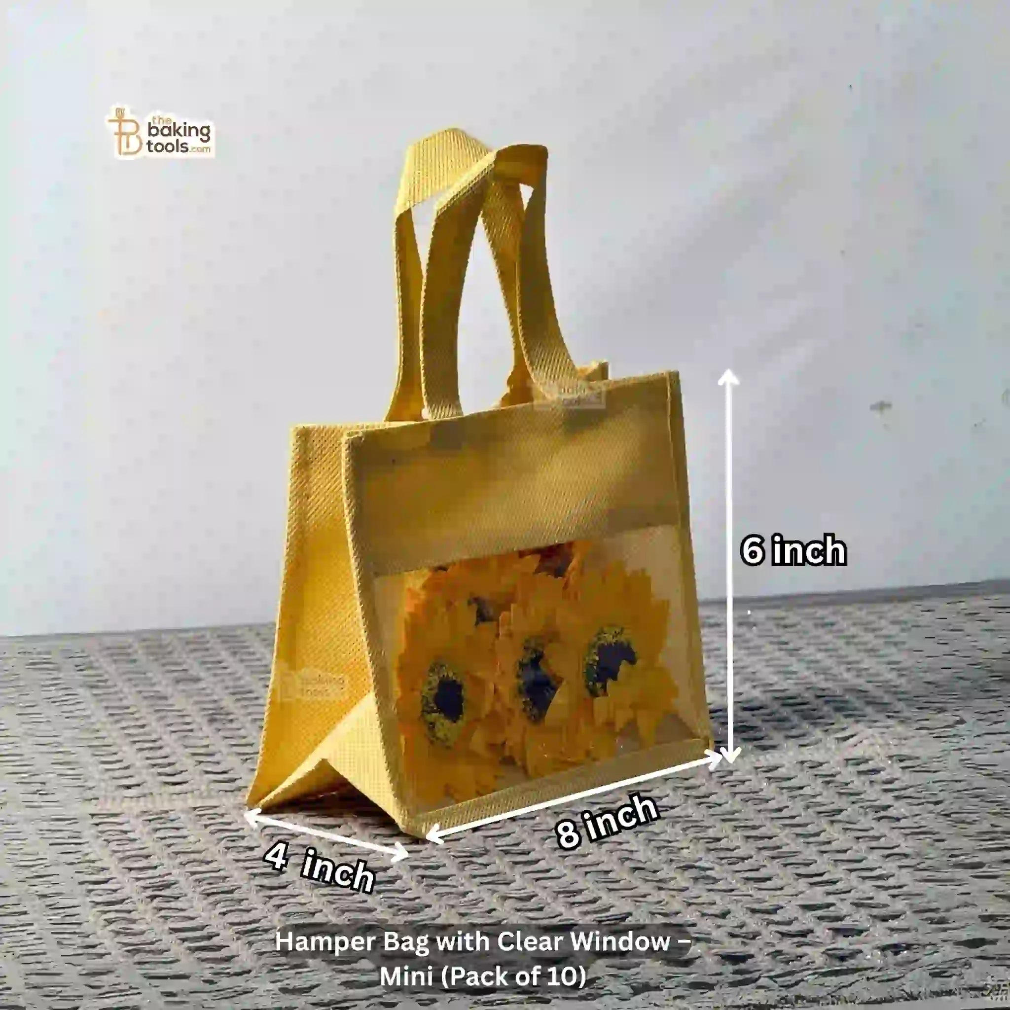 Yellow Or Peach jute bag with a clear window and measurements 6 by 8 by 4 inches