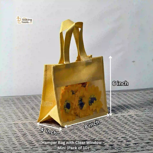 Yellow Or Peach jute bag with a clear window and measurements 6 by 8 by 4 inches