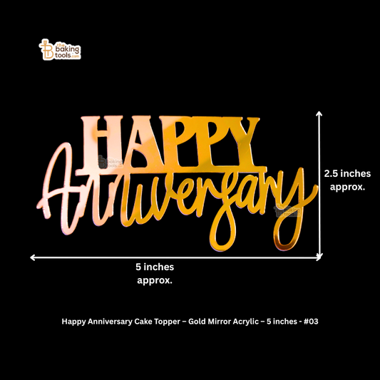 Happy Anniversary cake topper with dimensions on a black background