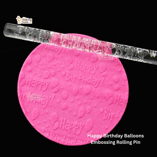 Pink embossing rolling pin with 'Happy Birthday' text and balloons on a black background