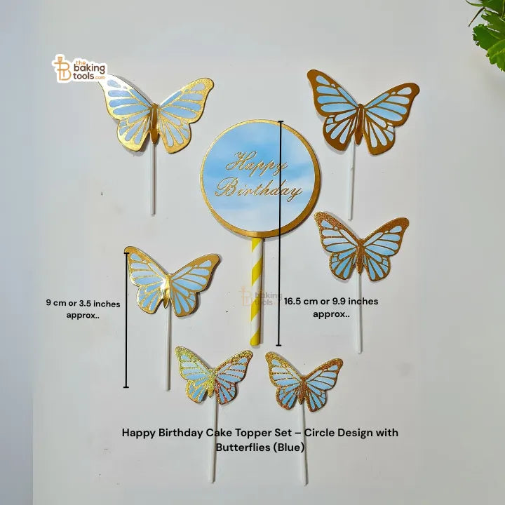 Paper Happy Birthday Cake Topper Set – Circle Design with Butterflies (Blue) - 001