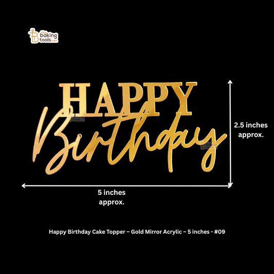 Gold 'Happy Birthday' cake topper with dimensions on a black background