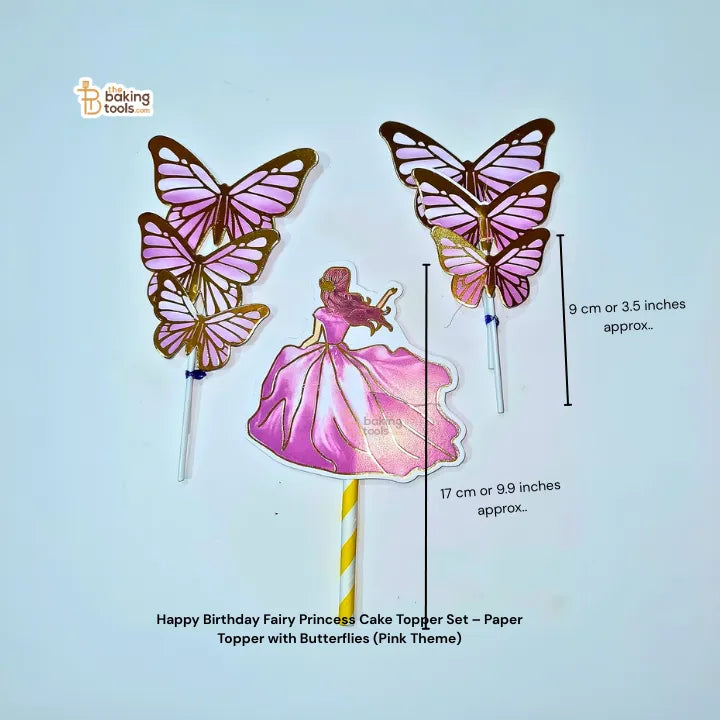 Happy Birthday Fairy Princess Cake Topper Set – Paper Topper with Butterflies (Pink Theme)