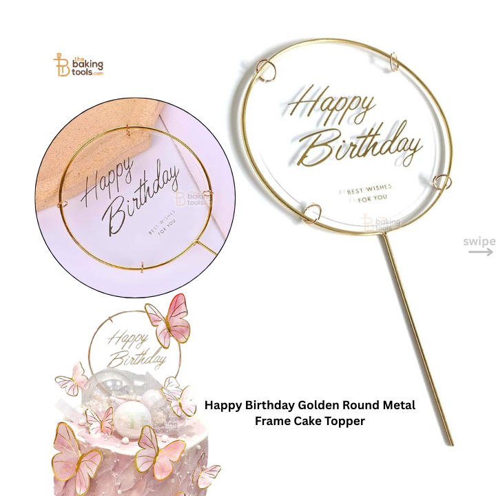 Happy Birthday Golden Round Metal Frame Cake Topper - White