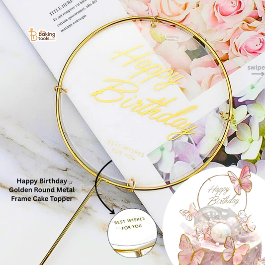 Happy Birthday Golden Round Metal Frame Cake Topper on a magazine with flowers
