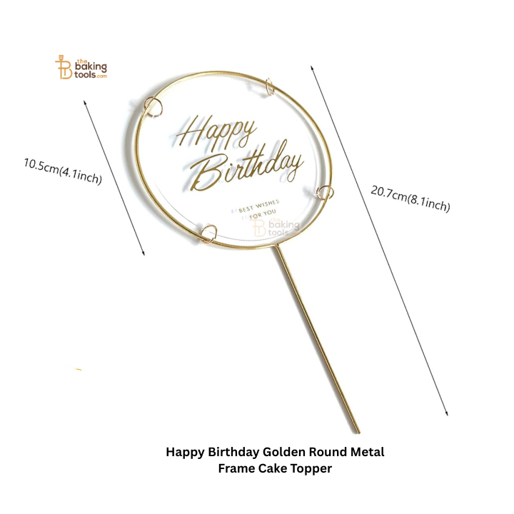 Happy Birthday Golden Round Metal Frame Cake Topper - White