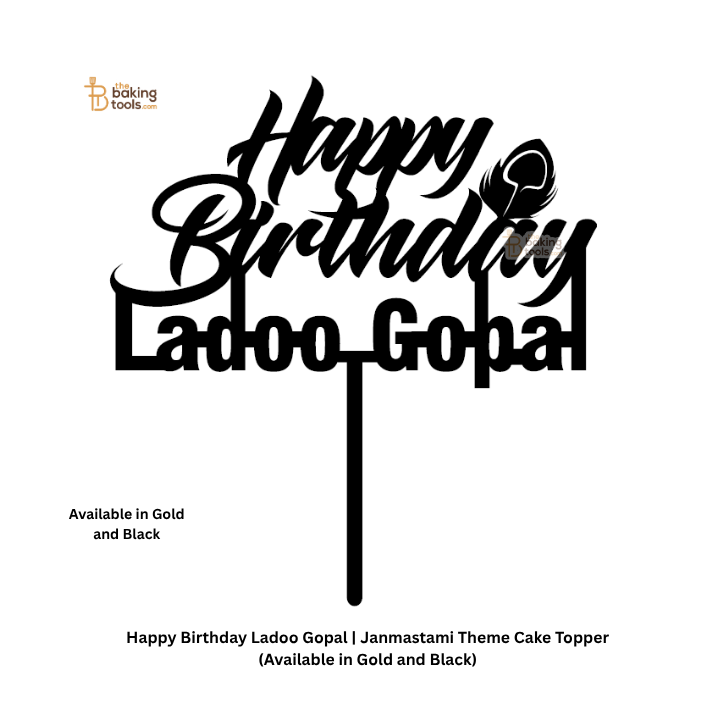 Happy Birthday Ladoo Gopal | Janmastami Theme Cake Topper (Available in Gold and Black) - Black