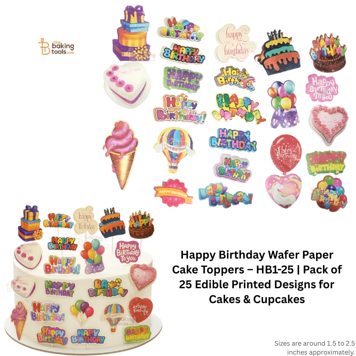 Happy Birthday Wafer Paper Cake Toppers – HB1-25 | Pack of 25 Edible Printed Designs for Cakes & Cupcakes