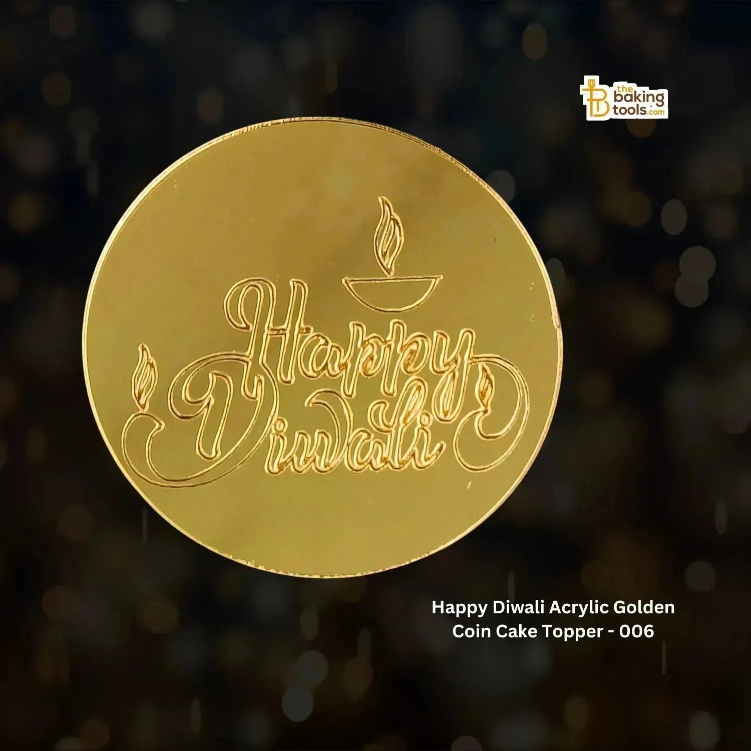 Happy Diwali Charms Acrylic Golden Coin Cake Topper - 006 - thebakingtools.com