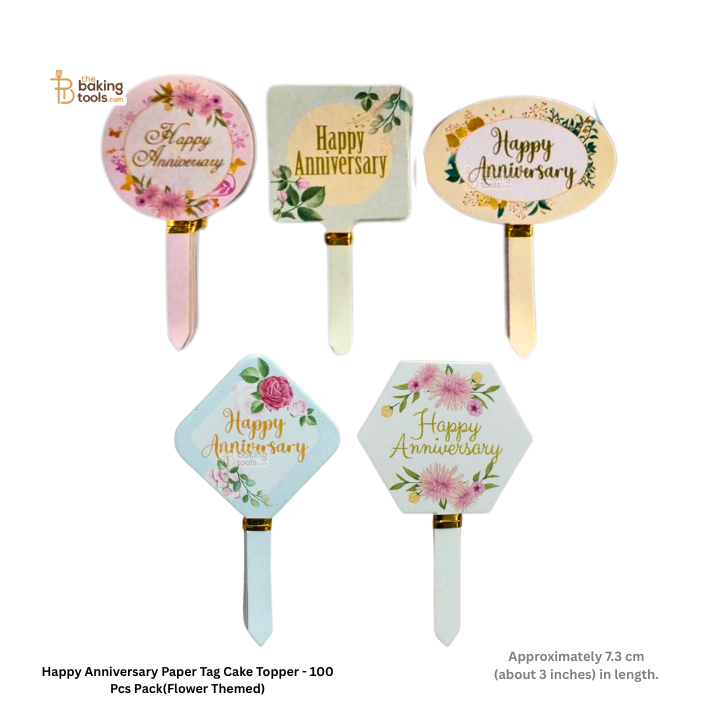 Happy Anniversary Paper Tag Cake Topper - 100 Pcs Pack(Flower Themed)