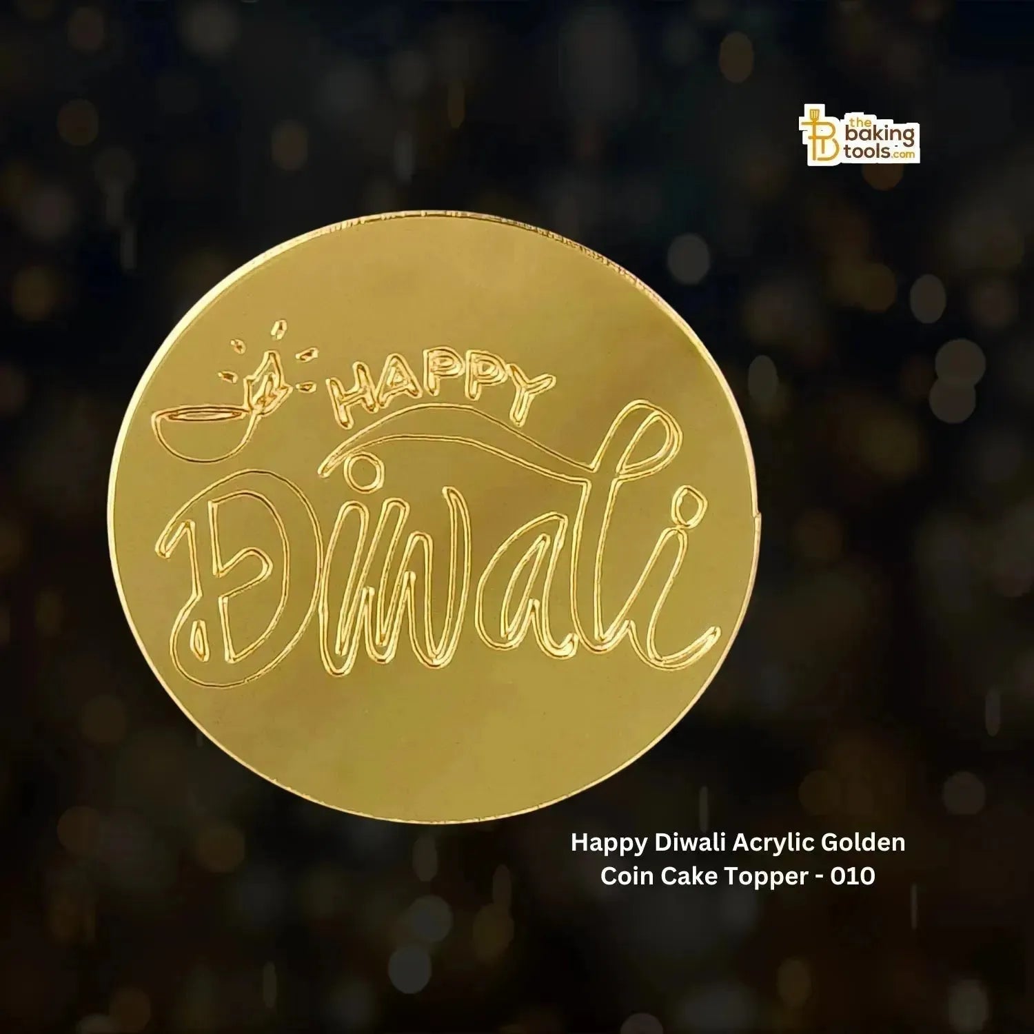 Happy Diwali Charms Acrylic Golden Coin Cake Topper - 010 - thebakingtools.com