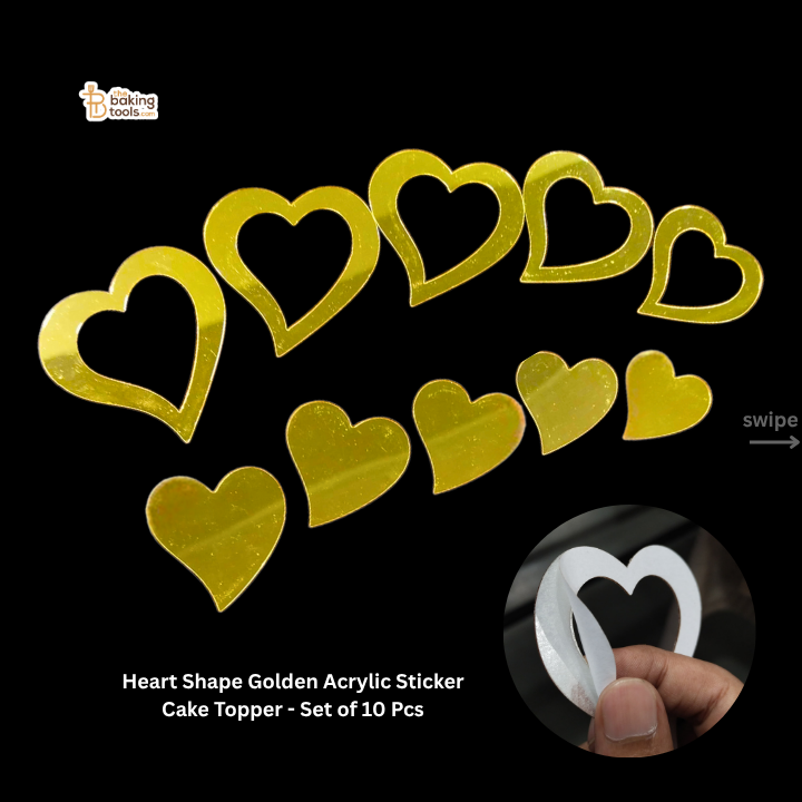 Heart Shape Golden Acrylic Sticker Cake Topper – Set of 10 Pcs
