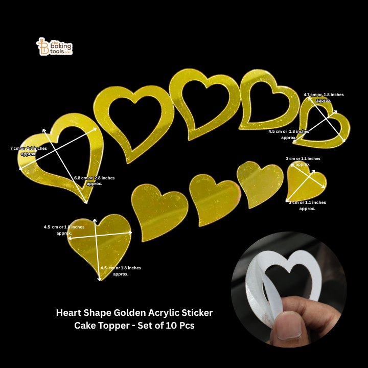 Heart Shape Golden Acrylic Sticker Cake Topper – Set of 10 Pcs