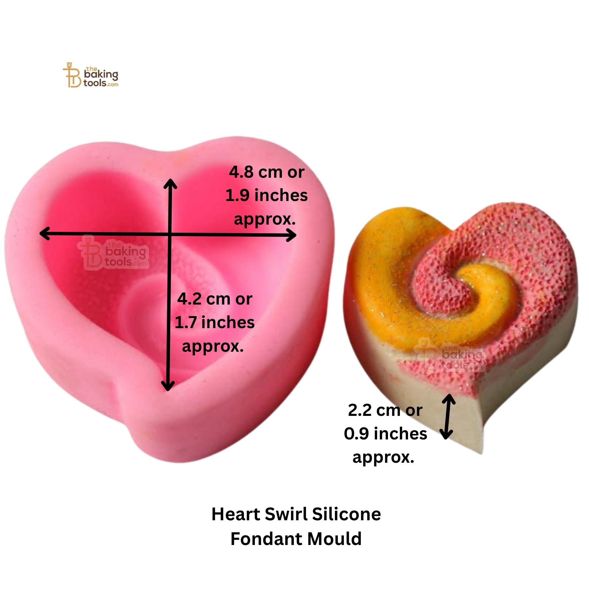 Heart swirl silicone fondant mould with measurements and a sample cake decoration.